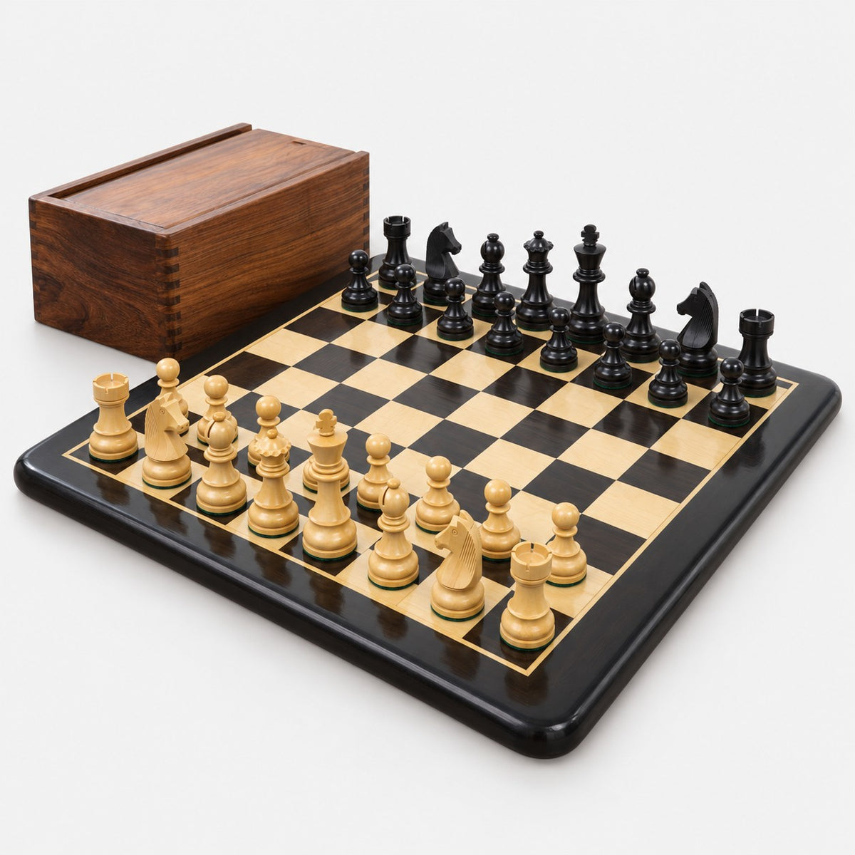 3.8-Inch Tournament Chess Set with Ebonized Boxwood Pieces, Chessboard & Storage Box - complete set