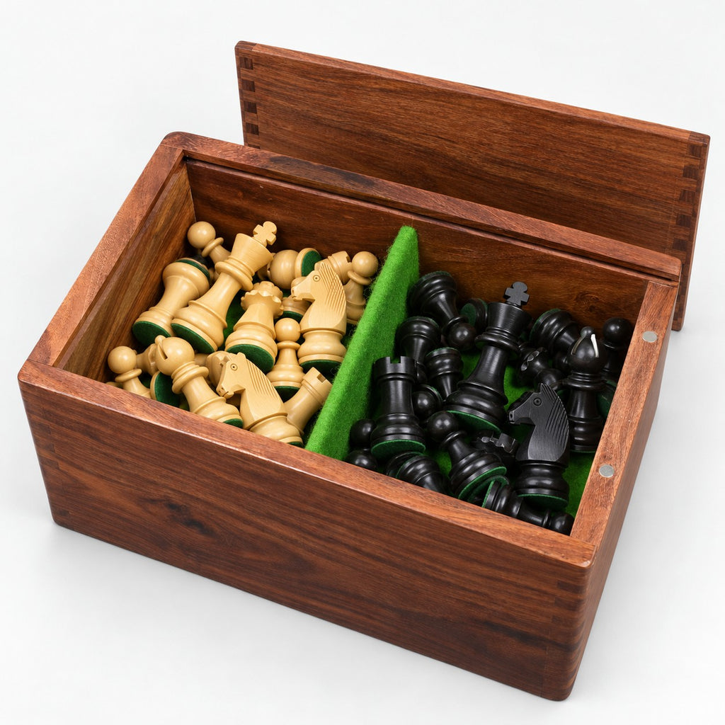 3.8-Inch Tournament Chess Set with Ebonized Boxwood Pieces, Chessboard & Storage Box - storage box