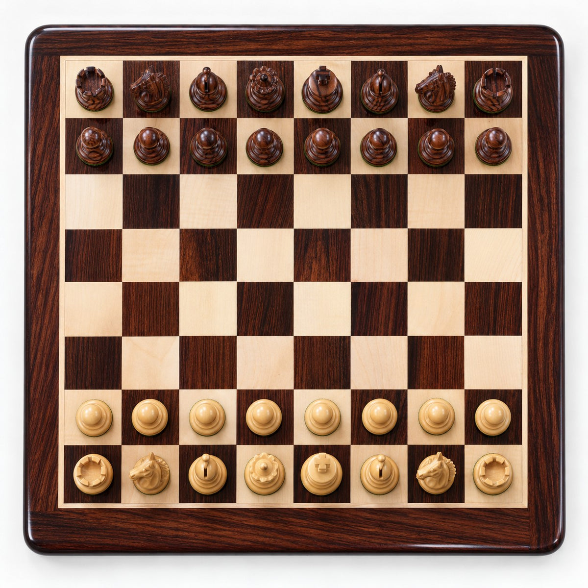 3.9-Inch Exclusive Alban Staunton Chess Set - Rosewood Pieces with Board & Storage Box - chessboard top view