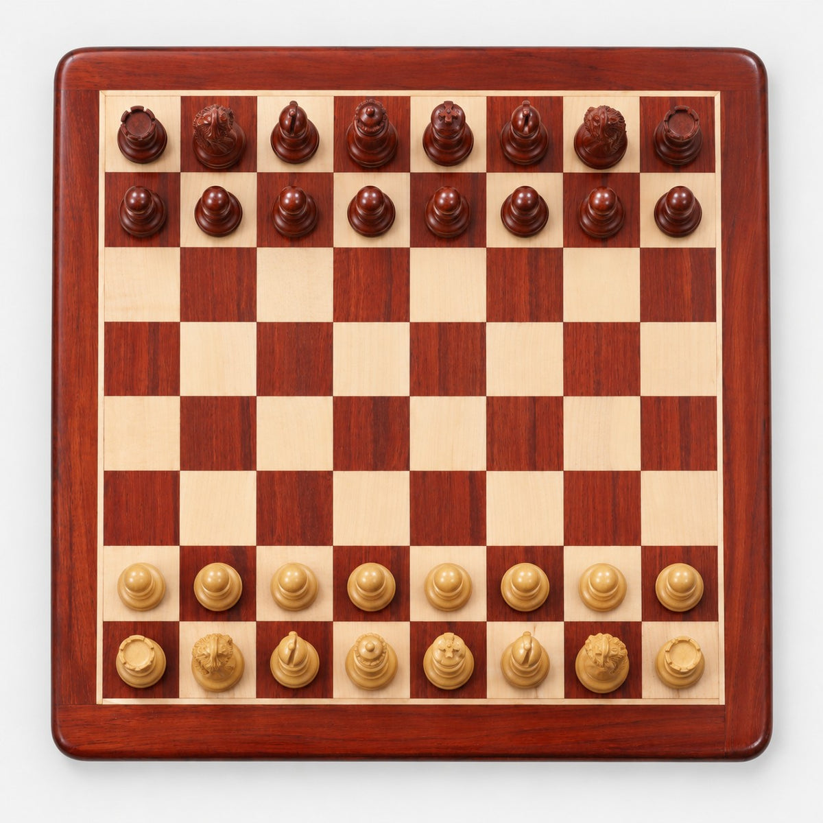 3.9" Heritage Series Staunton Chess Set - Bud Rosewood Pieces with 21" Chess Board & Storage Box - chessboard top view