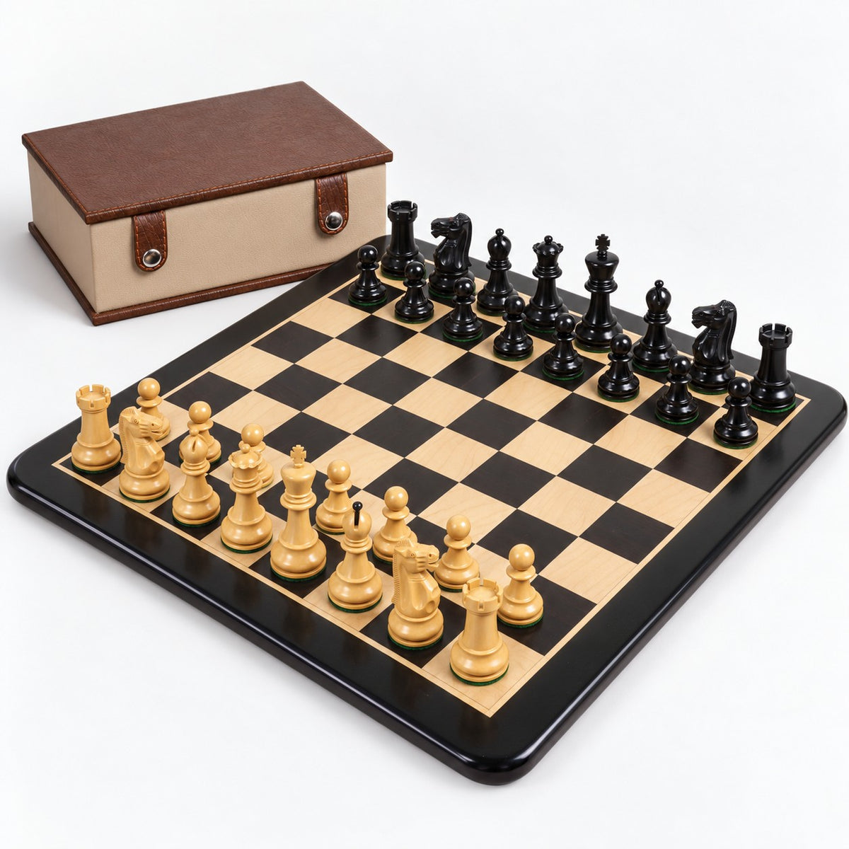 3.9-Inch Lessing Staunton Chess Set Combo - Ebony Wood Pieces with Chessboard & Storage Box - complete set