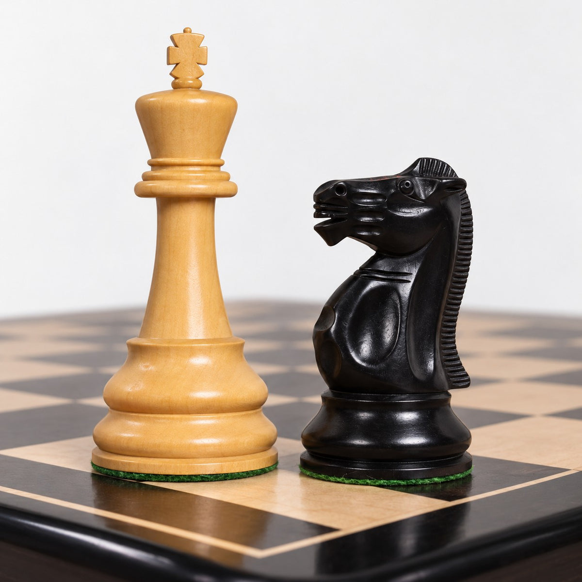 3.9-Inch Lessing Staunton Chess Set Combo - Ebony Wood Pieces with Chessboard & Storage Box - king and knight close-up