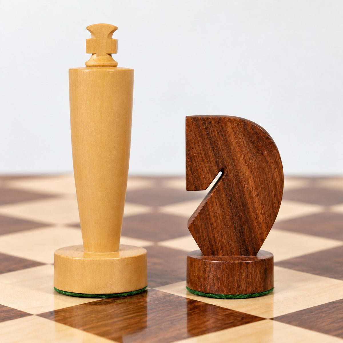 3.9-Inch Minimalist Berliner Combo Chess Set with Pieces, Board & Storage Box - Golden Rosewood - king and knight close-up