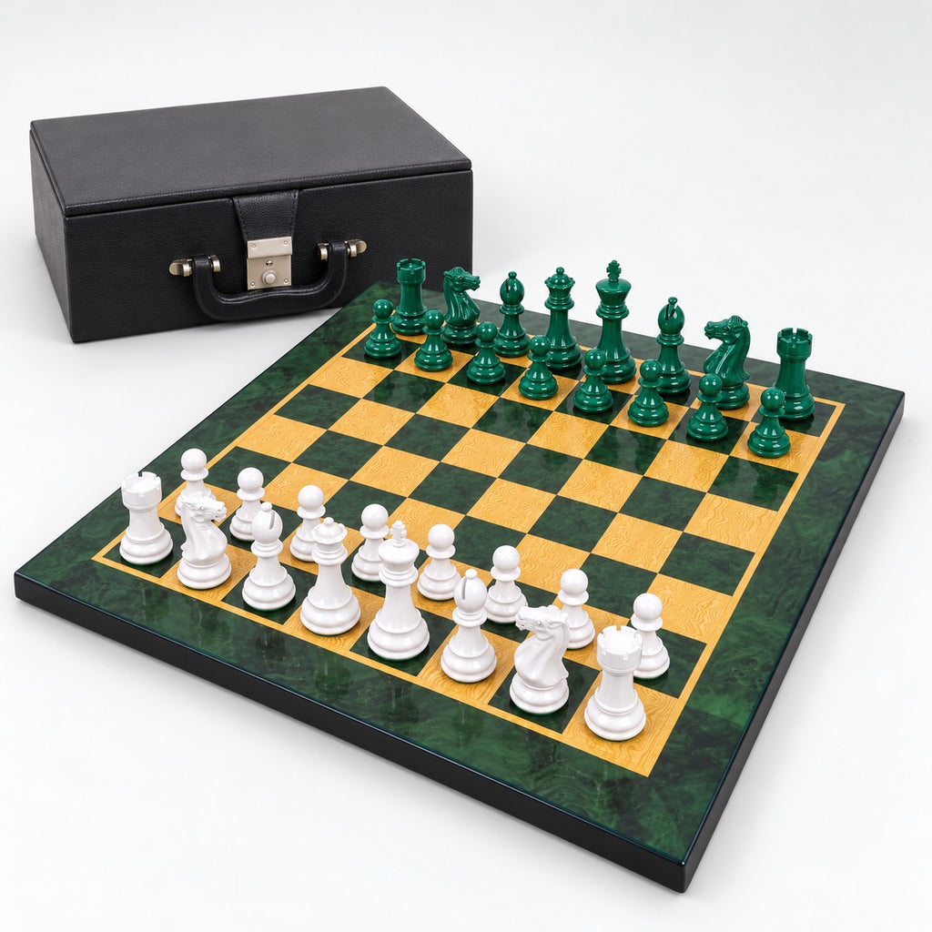 4.1-Inch Pro Staunton Weighted Chess Set Combo - Green & White Painted Boxwood Pieces with Board and Storage Box - complete set
