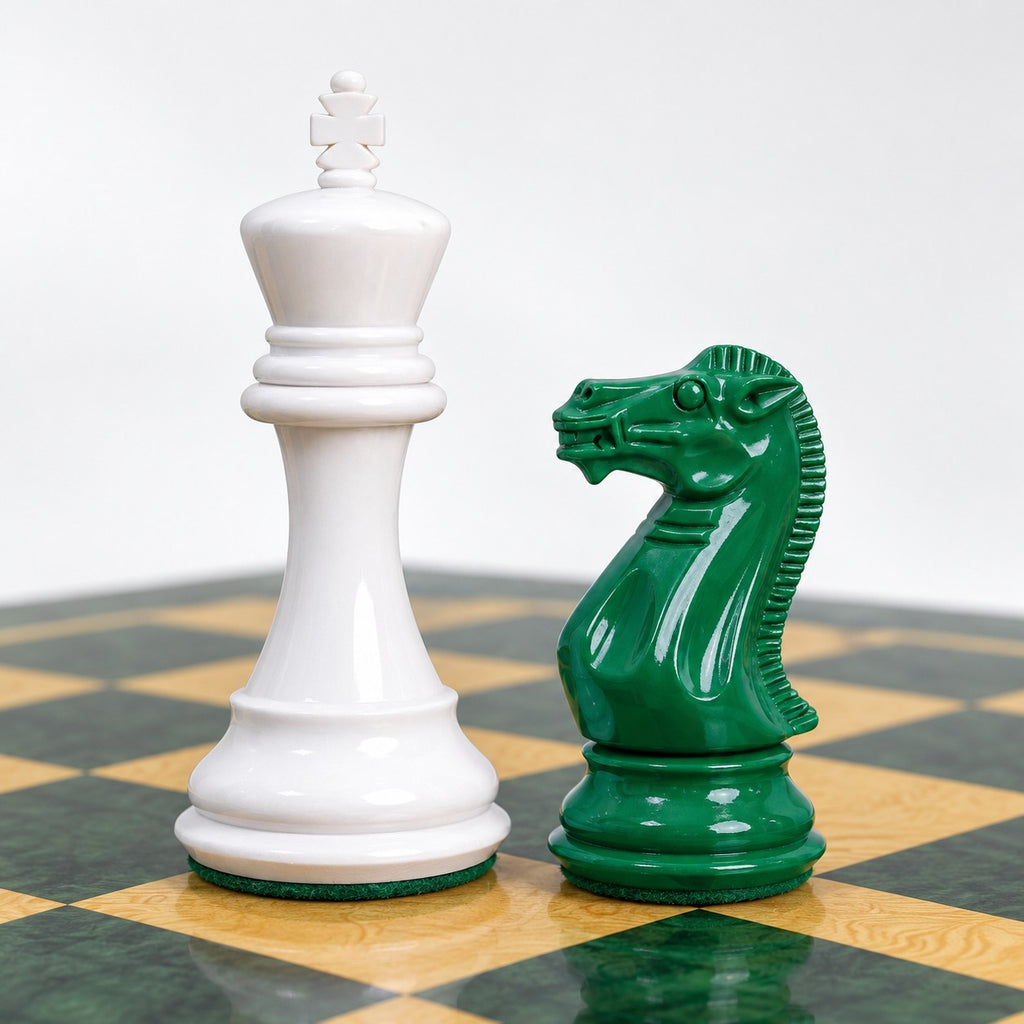 4.1-Inch Pro Staunton Weighted Chess Set Combo - Green & White Painted Boxwood Pieces with Board and Storage Box - king and knight close-up