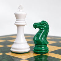 4.1-Inch Pro Staunton Weighted Chess Set Combo - Green & White Painted Boxwood Pieces with Board and Storage Box - king and knight close-up