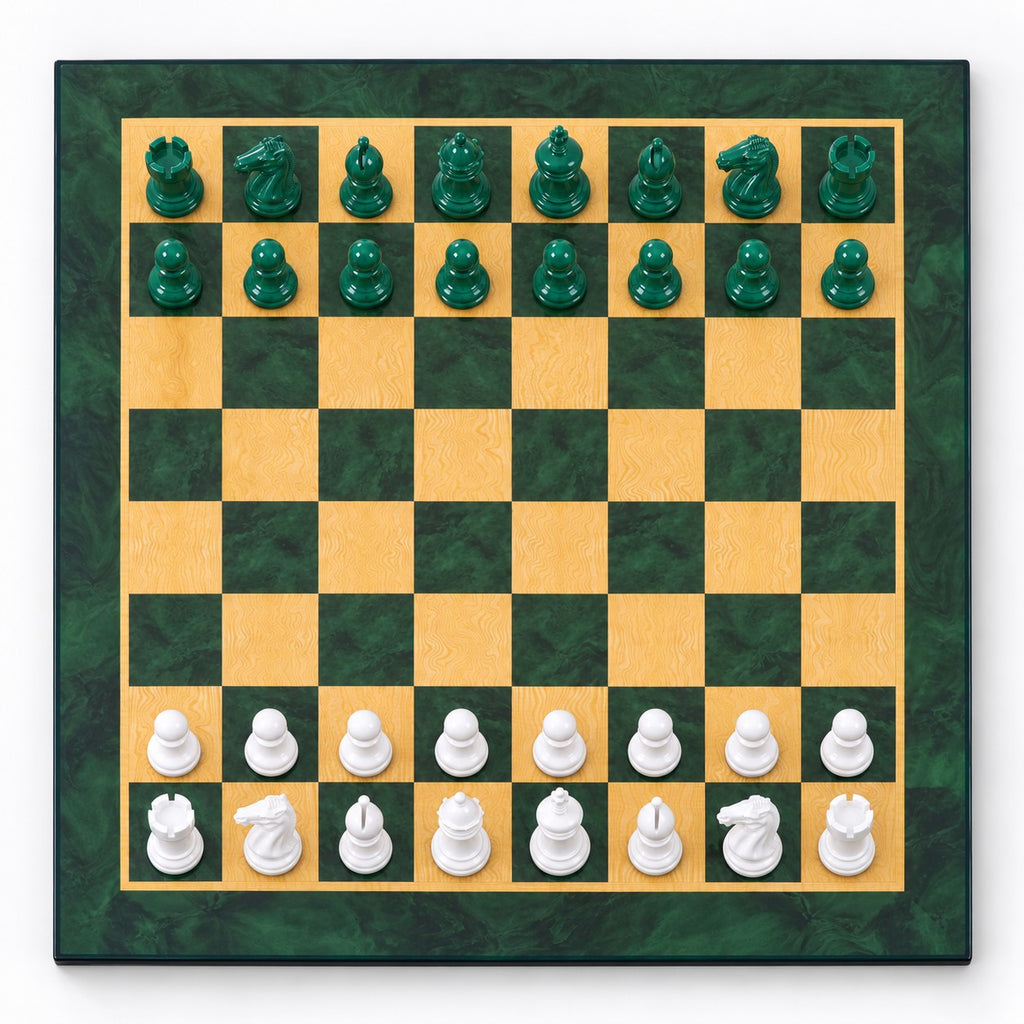 4.1-Inch Pro Staunton Weighted Chess Set Combo - Green & White Painted Boxwood Pieces with Board and Storage Box - chessboard top view