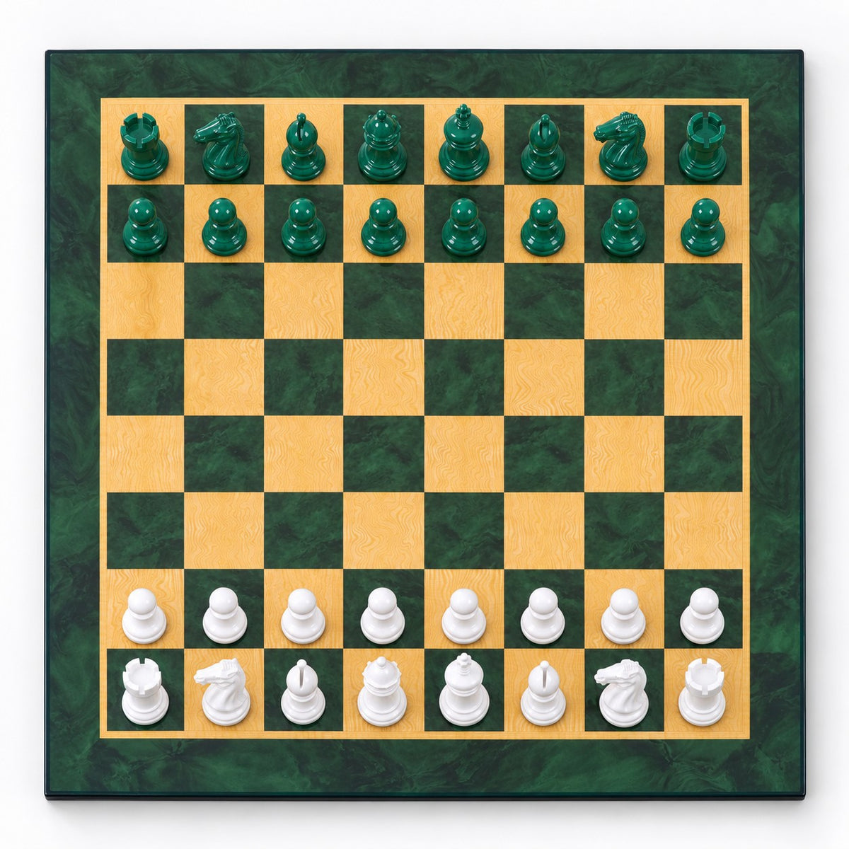 4.1-Inch Pro Staunton Weighted Chess Set Combo - Green & White Painted Boxwood Pieces with Board and Storage Box - chessboard top view