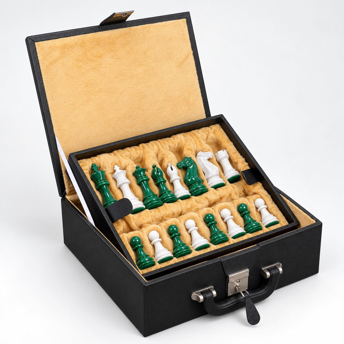 4.1-Inch Pro Staunton Weighted Chess Set Combo - Green & White Painted Boxwood Pieces with Board and Storage Box - storage box