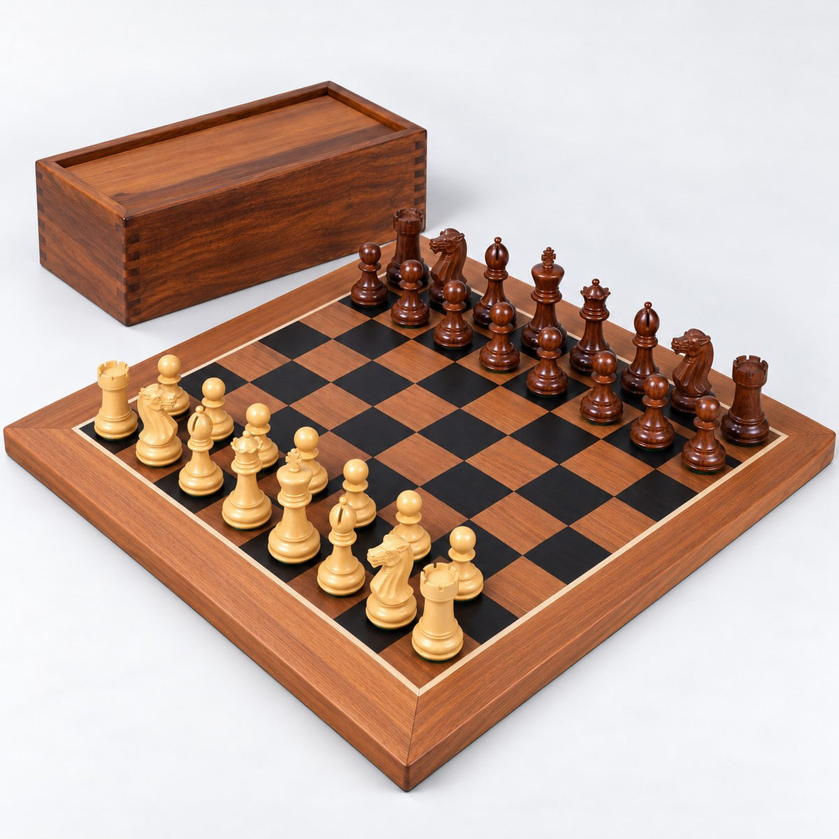 4.1" Pro Staunton Weighted Golden Rosewood Chess Set with 22.5" Ebony & Acacia Chessboard and Storage Box Combo - complete set