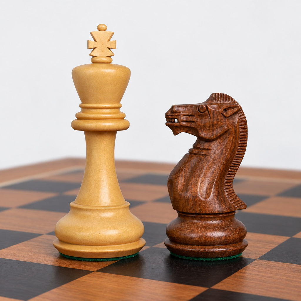 4.1" Pro Staunton Weighted Golden Rosewood Chess Set with 22.5" Ebony & Acacia Chessboard and Storage Box Combo - king and knight close-up
