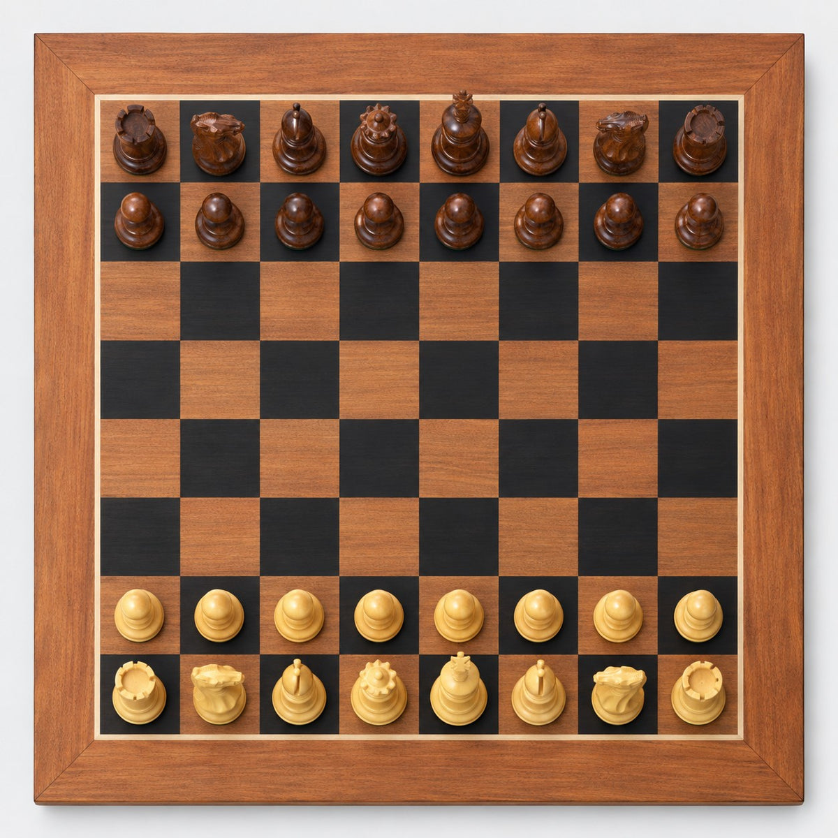4.1" Pro Staunton Weighted Golden Rosewood Chess Set with 22.5" Ebony & Acacia Chessboard and Storage Box Combo - chessboard top view