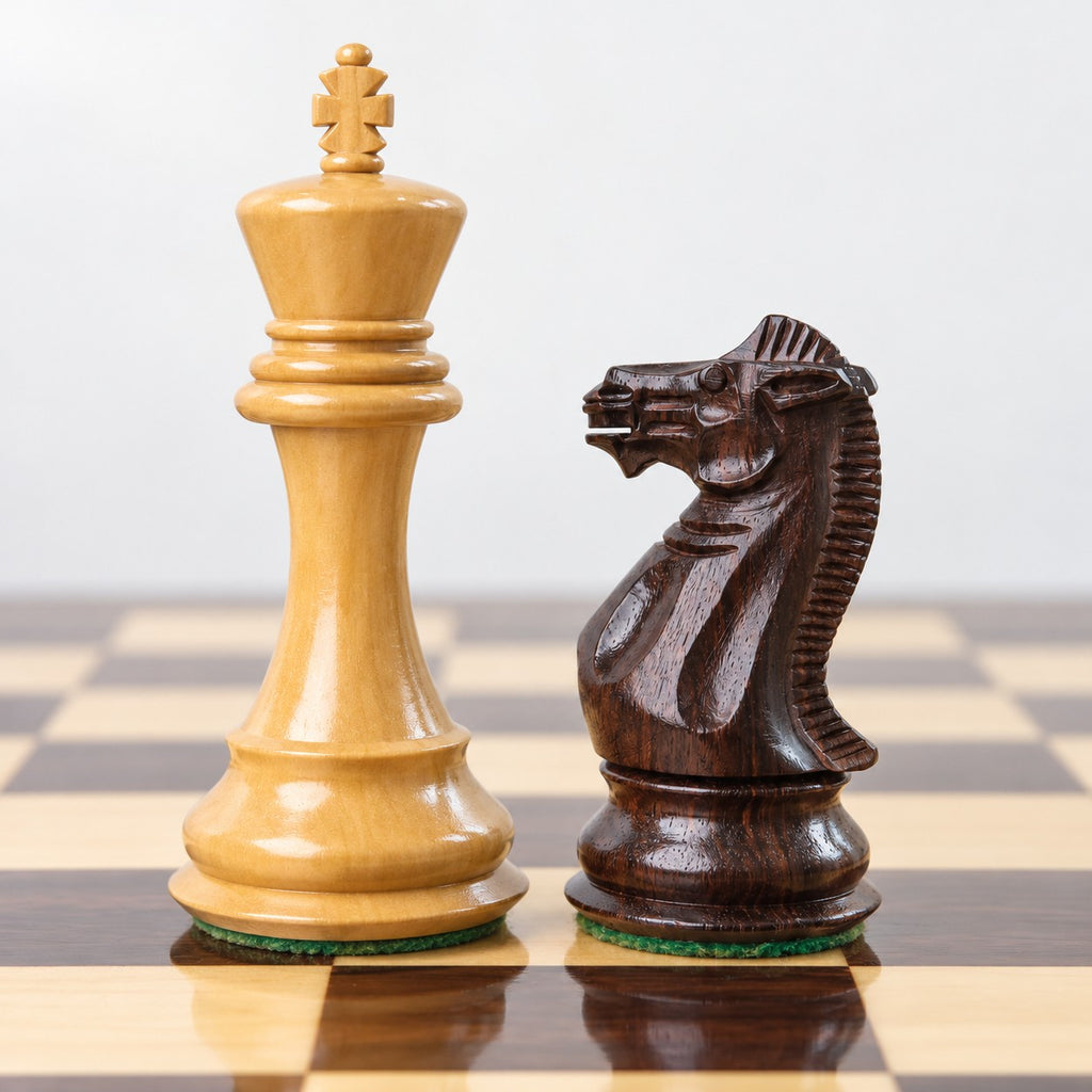 4.1" Pro Staunton Weighted Rosewood Chess Pieces Set with 21" Chess Board and Wooden Storage Box Combo - king and knight close-up
