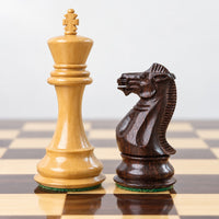4.1" Pro Staunton Weighted Rosewood Chess Pieces Set with 21" Chess Board and Wooden Storage Box Combo - king and knight close-up