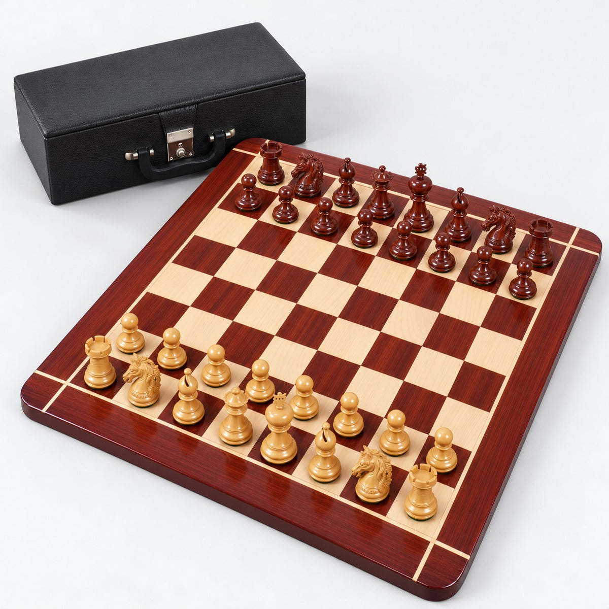 4.6-Inch Prestige Luxury Staunton Chess Set Combo with Bud Rosewood Pieces, Chessboard & Storage Box - complete set