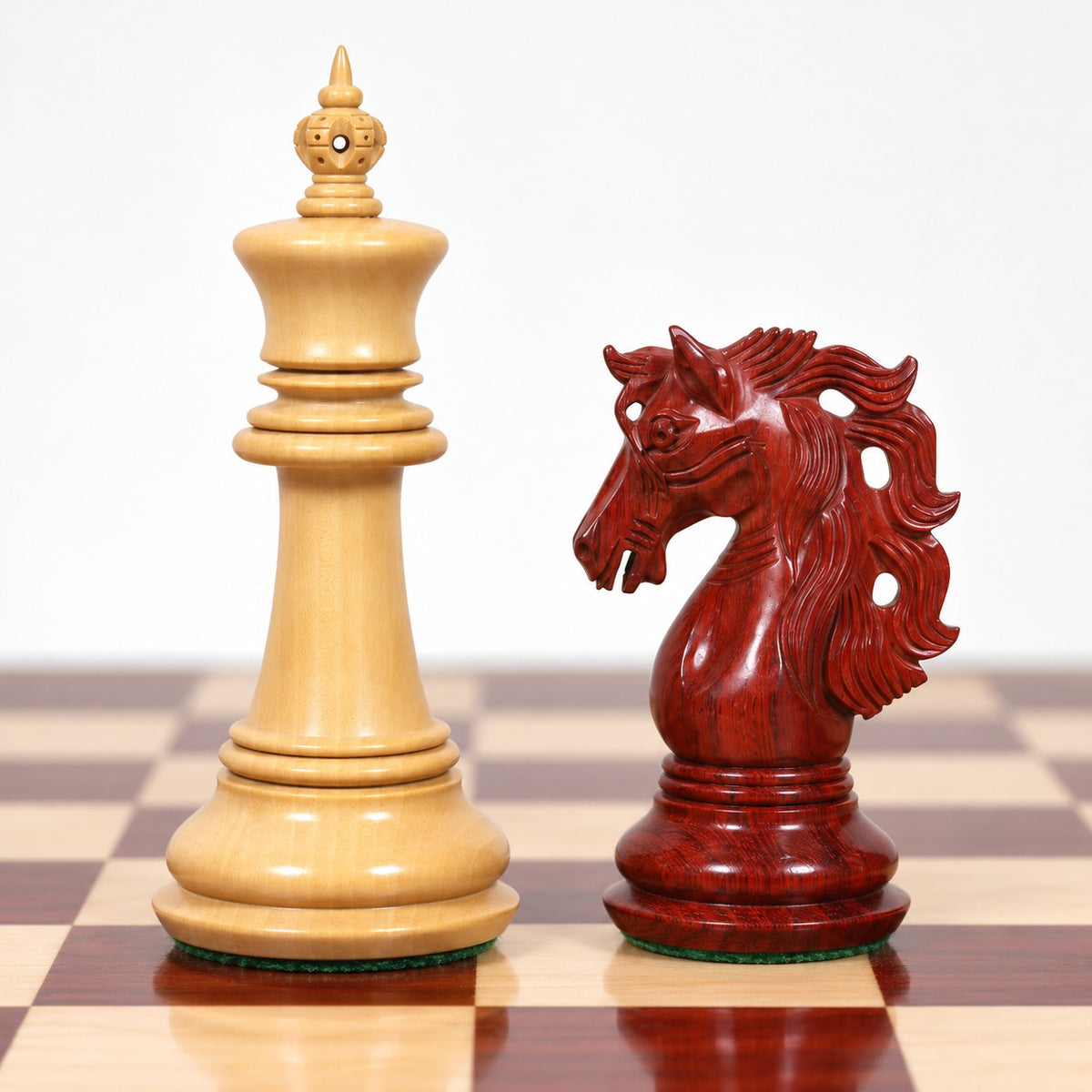 4.6-Inch Spartacus Luxury Staunton Chess Set Combo with Bud Rosewood Pieces, Chess Board, and Storage Box - king and knight close-up