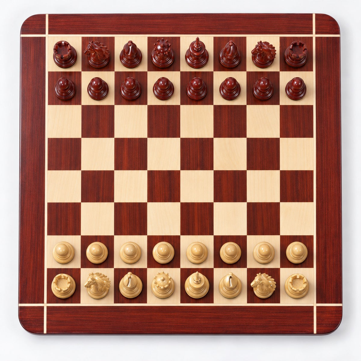 4.6-Inch Spartacus Luxury Staunton Chess Set Combo with Bud Rosewood Pieces, Chess Board, and Storage Box - chessboard top view