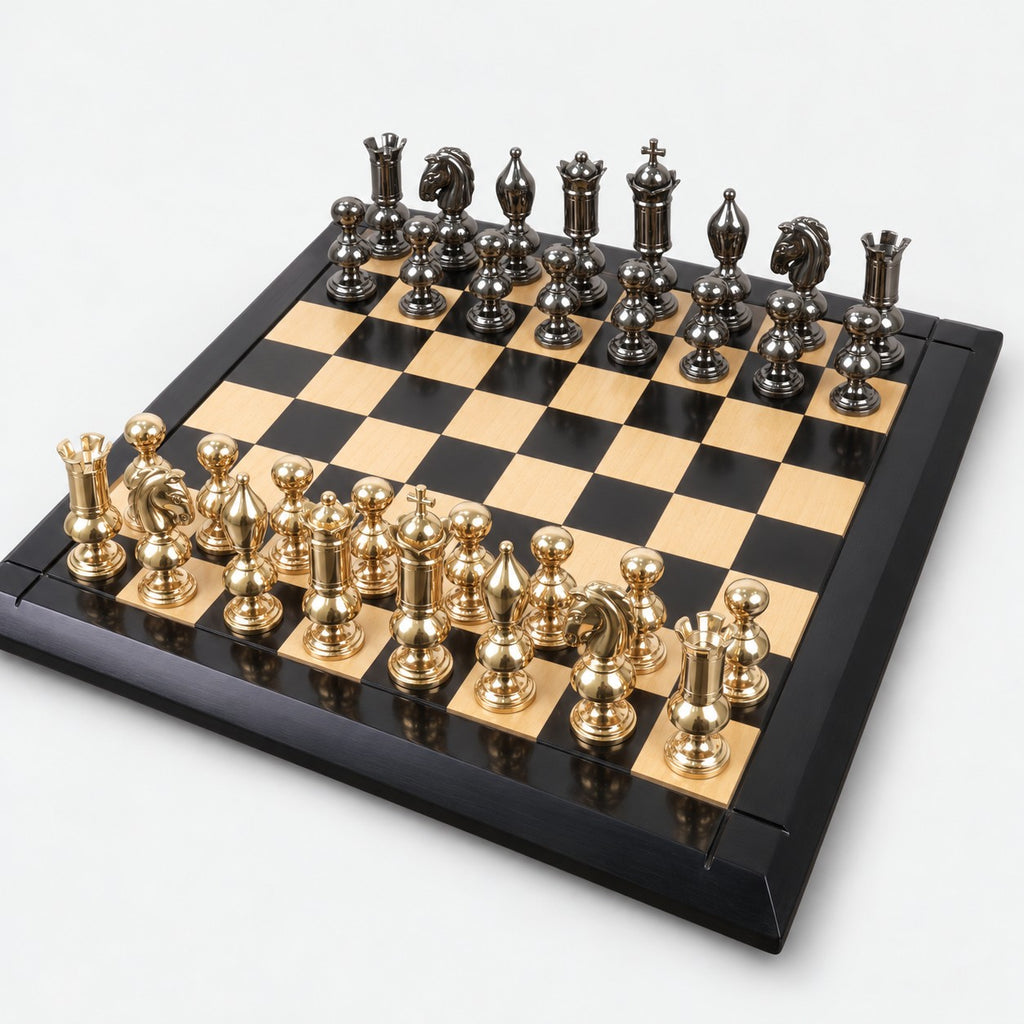 6-Inch Giant Victorian Series Brass Metal Luxury Chess Set with Metal Pieces and 25-Inch Ebony Wood Chessboard - complete set