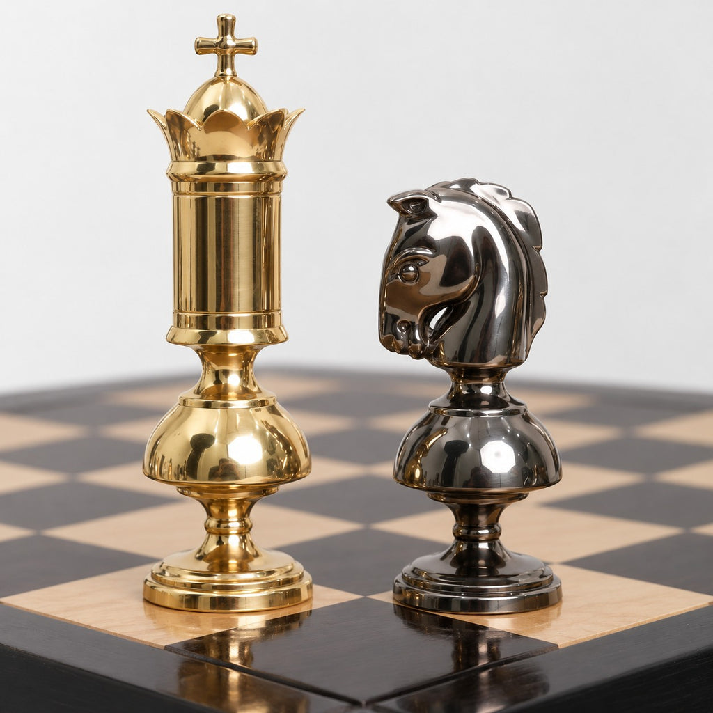 6-Inch Giant Victorian Series Brass Metal Luxury Chess Set with Metal Pieces and 25-Inch Ebony Wood Chessboard - king and knight close-up