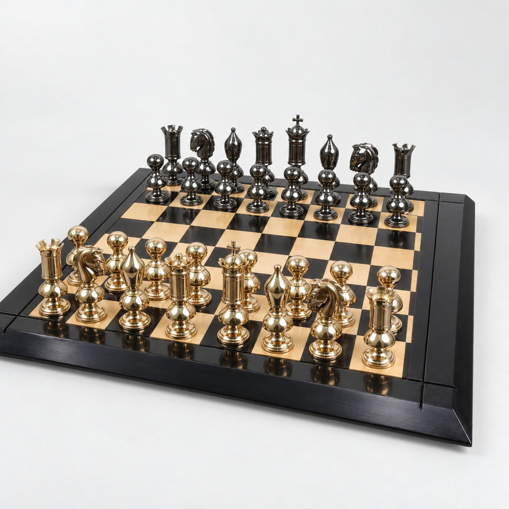 6-Inch Giant Victorian Series Brass Metal Luxury Chess Set with Metal Pieces and 25-Inch Ebony Wood Chessboard - low angle view