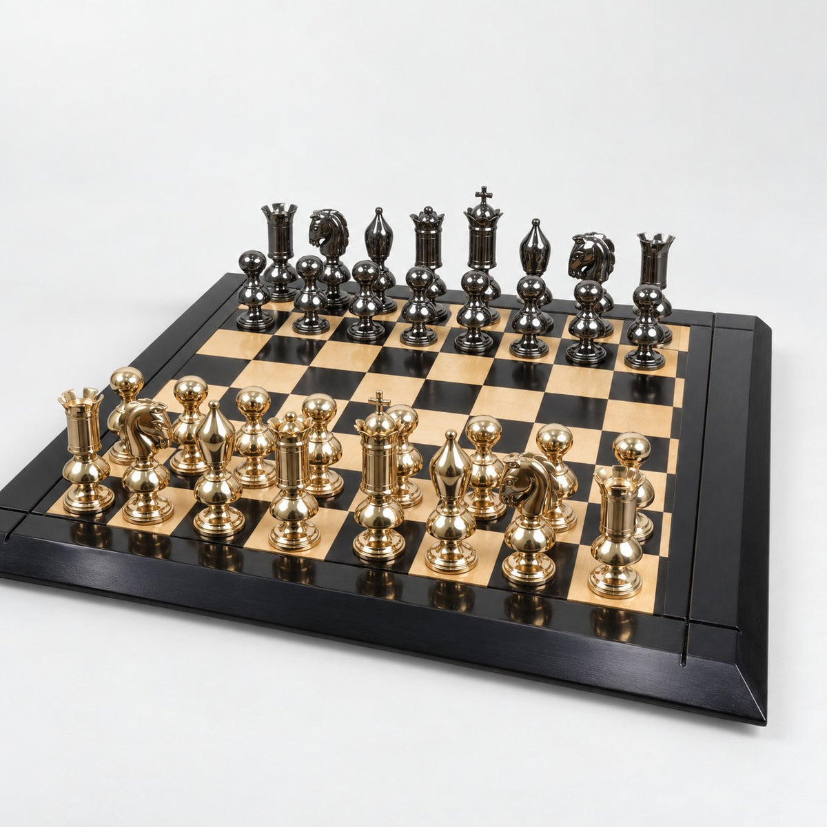 6-Inch Giant Victorian Series Brass Metal Luxury Chess Set with Metal Pieces and 25-Inch Ebony Wood Chessboard - low angle view