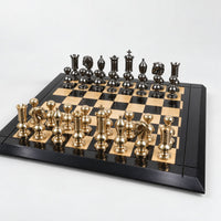 6-Inch Giant Victorian Series Brass Metal Luxury Chess Set with Metal Pieces and 25-Inch Ebony Wood Chessboard - low angle view