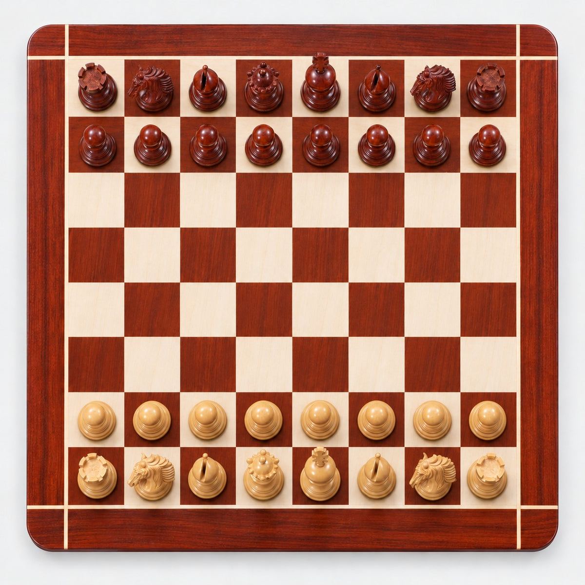 Arthur Luxury Staunton Chess Set - Bud Rosewood Pieces with 23-Inch Wooden Board & Storage Box - chessboard top view