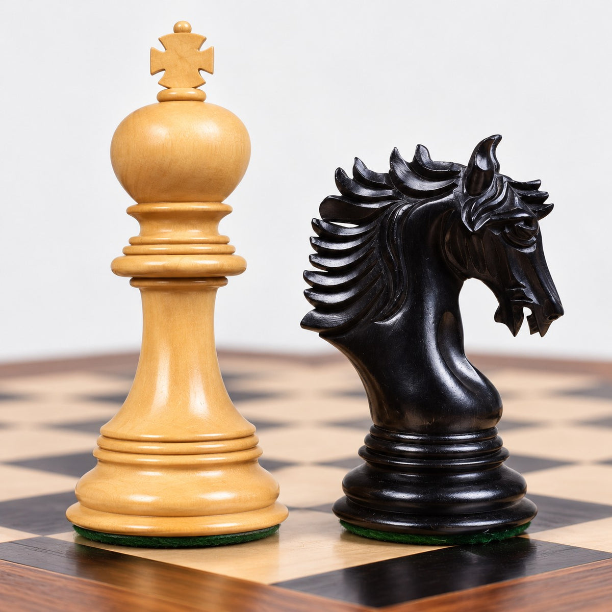 Arthur Luxury Staunton Chess Set - Ebony Wood Pieces with 23-Inch Ebony & Maple Chessboard and Storage Box - king and knight close-up