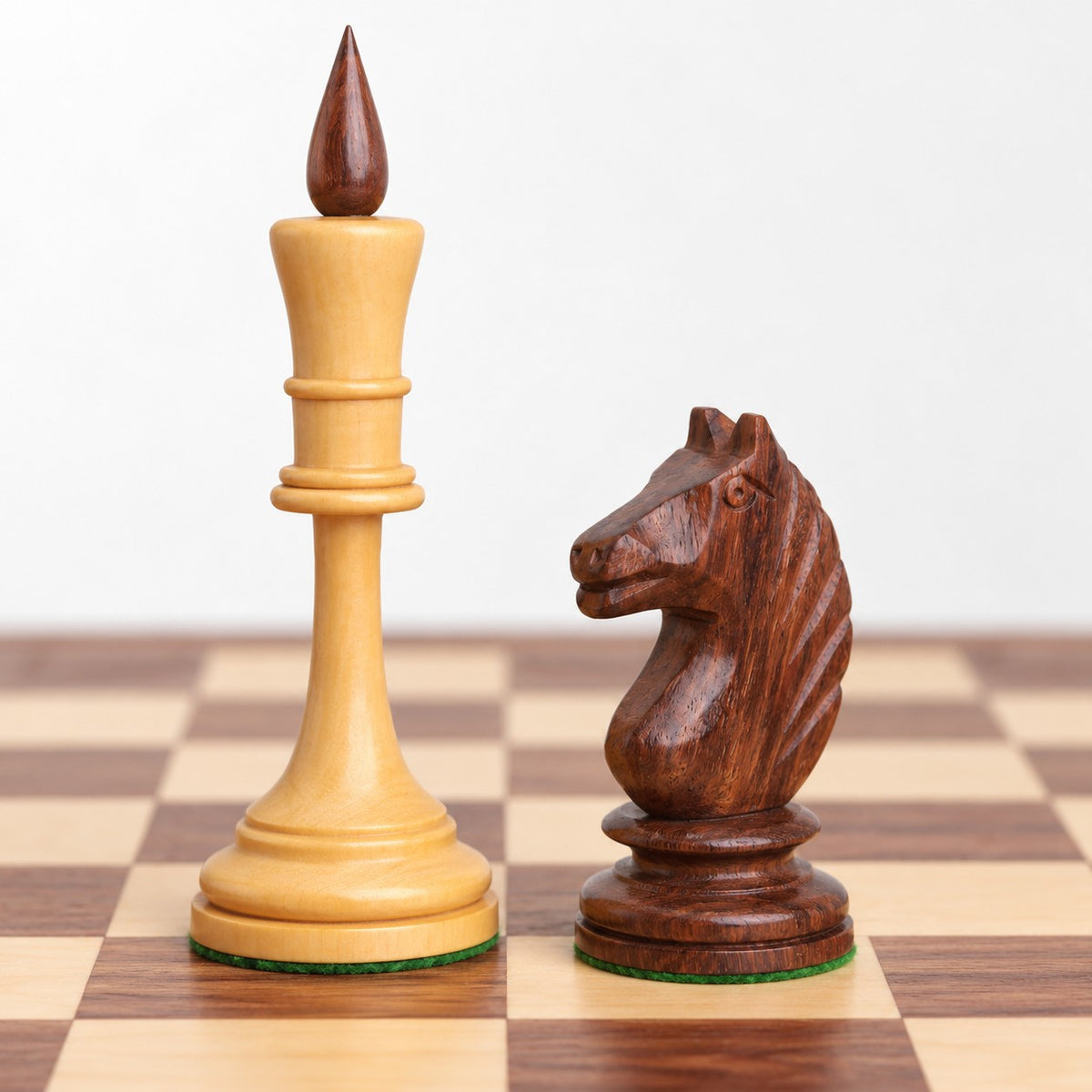 Averbakh Soviet Russian Chess Set with Golden Rosewood Pieces and 21-Inch Drueke-Style Golden Rosewood Board - king and knight close-up