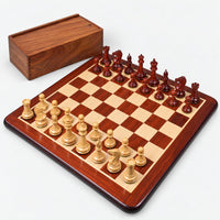 Complete Chamfered Base Staunton Chess Set - Bud Rosewood Pieces with Chessboard and Storage Box - complete set