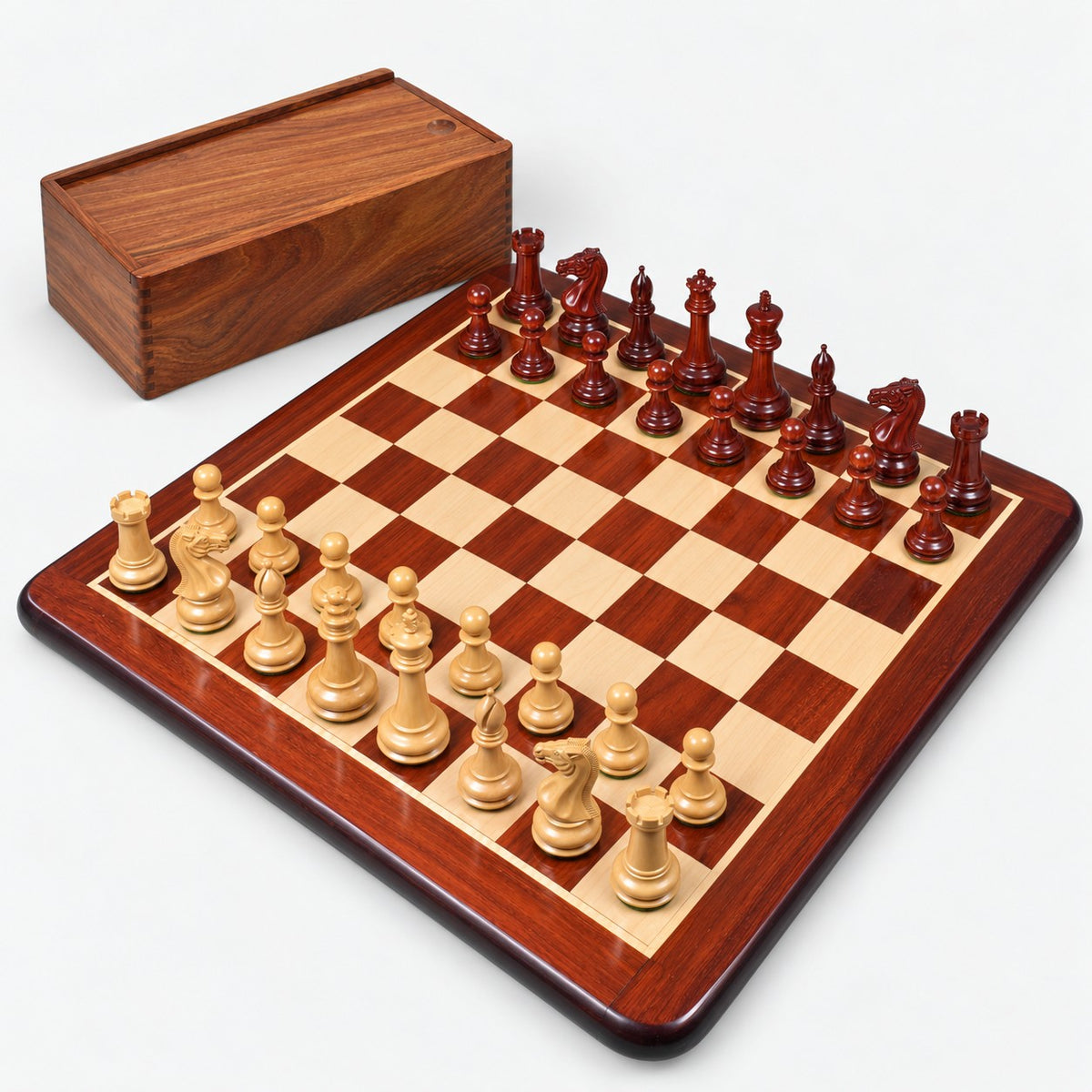 Complete Chamfered Base Staunton Chess Set - Bud Rosewood Pieces with Chessboard and Storage Box - complete set