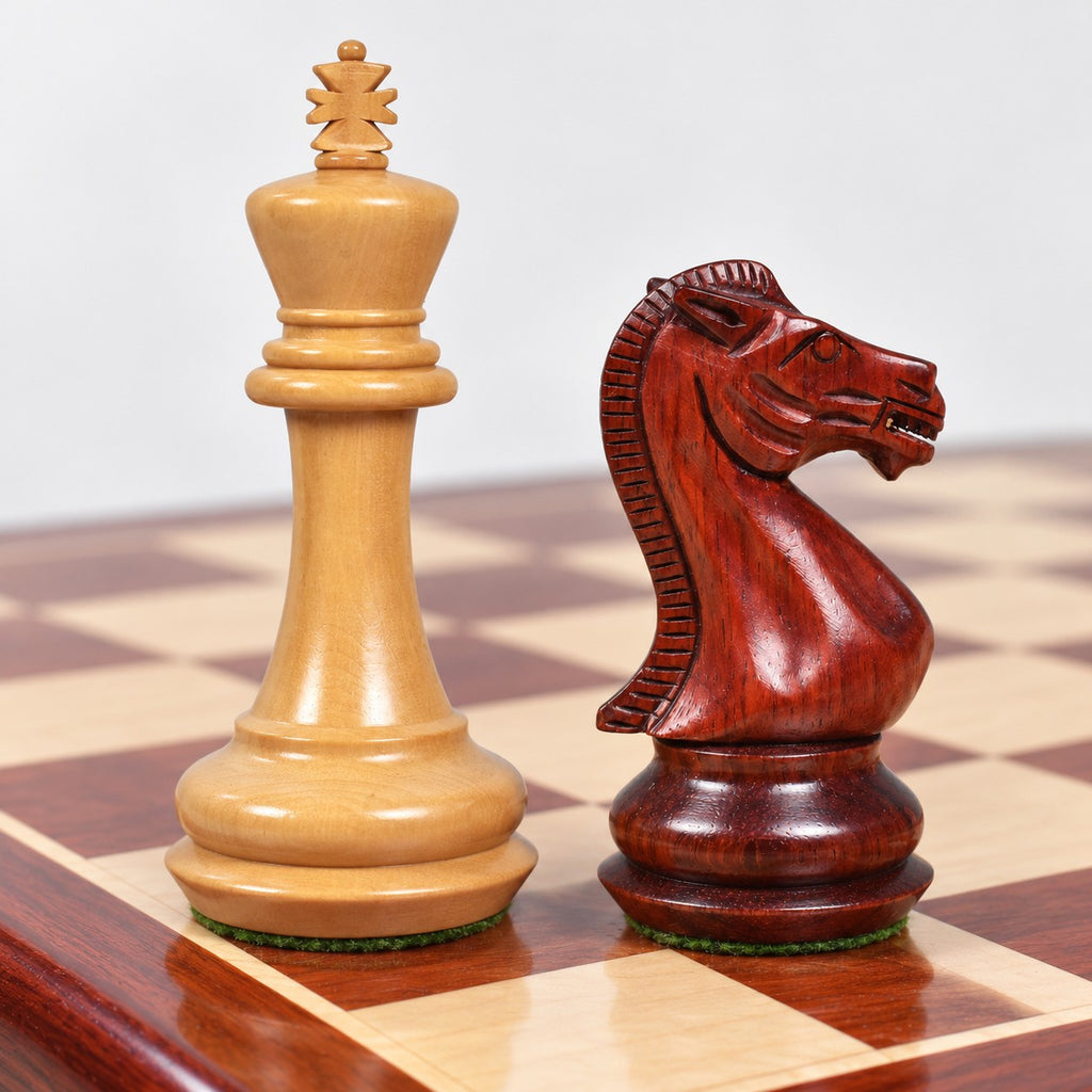 Complete Chamfered Base Staunton Chess Set - Bud Rosewood Pieces with Chessboard and Storage Box - king and knight close-up