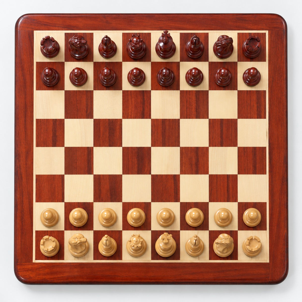 Complete Chamfered Base Staunton Chess Set - Bud Rosewood Pieces with Chessboard and Storage Box - chessboard top view