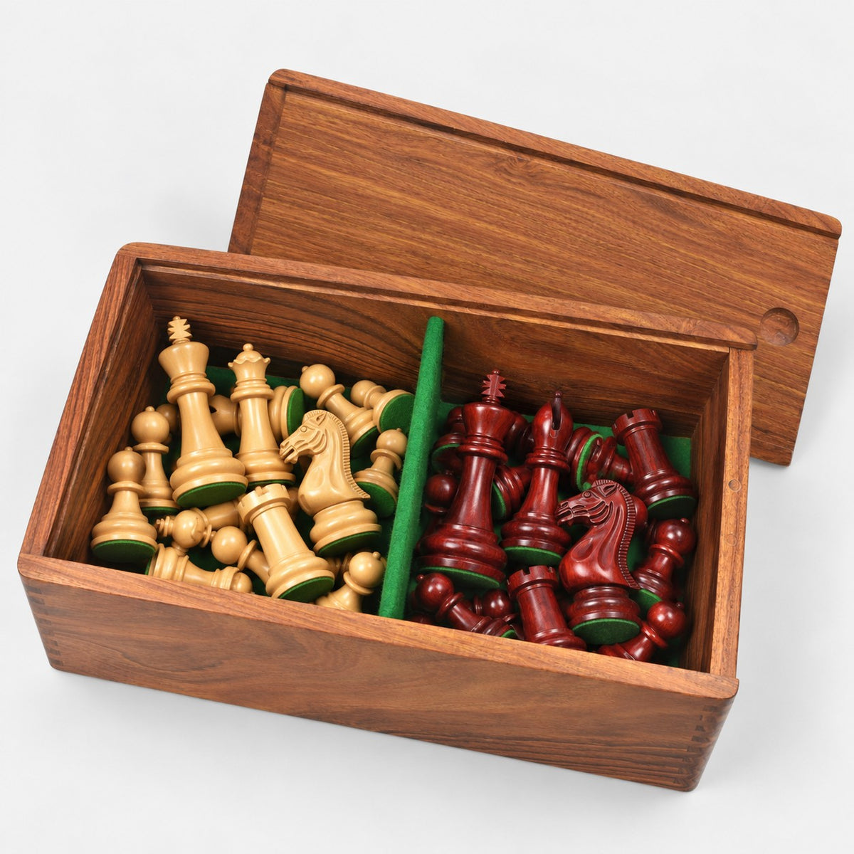 Complete Chamfered Base Staunton Chess Set - Bud Rosewood Pieces with Chessboard and Storage Box - storage box