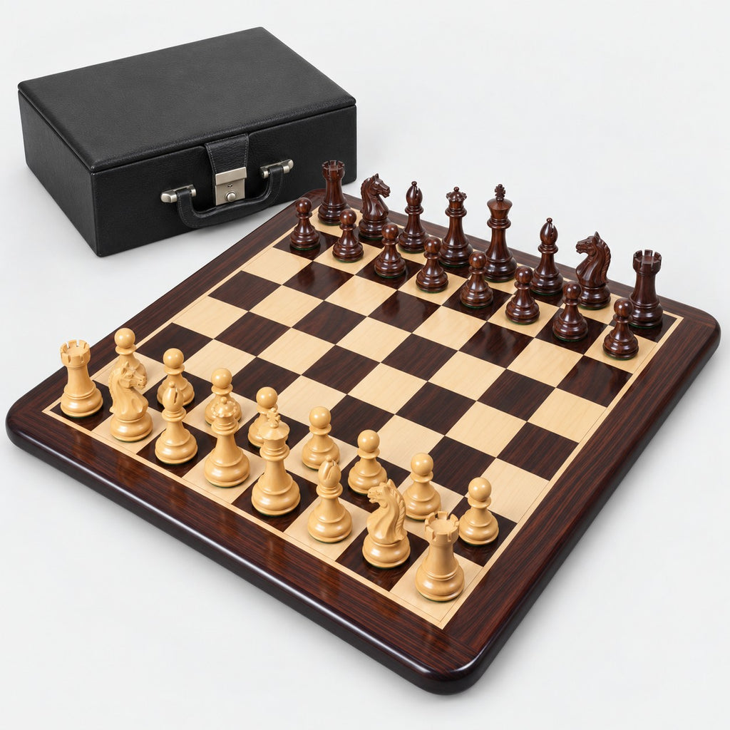 Fierce Knight 4-Inch Staunton Chess Set with Rosewood Pieces, Chessboard and Storage Box - complete set