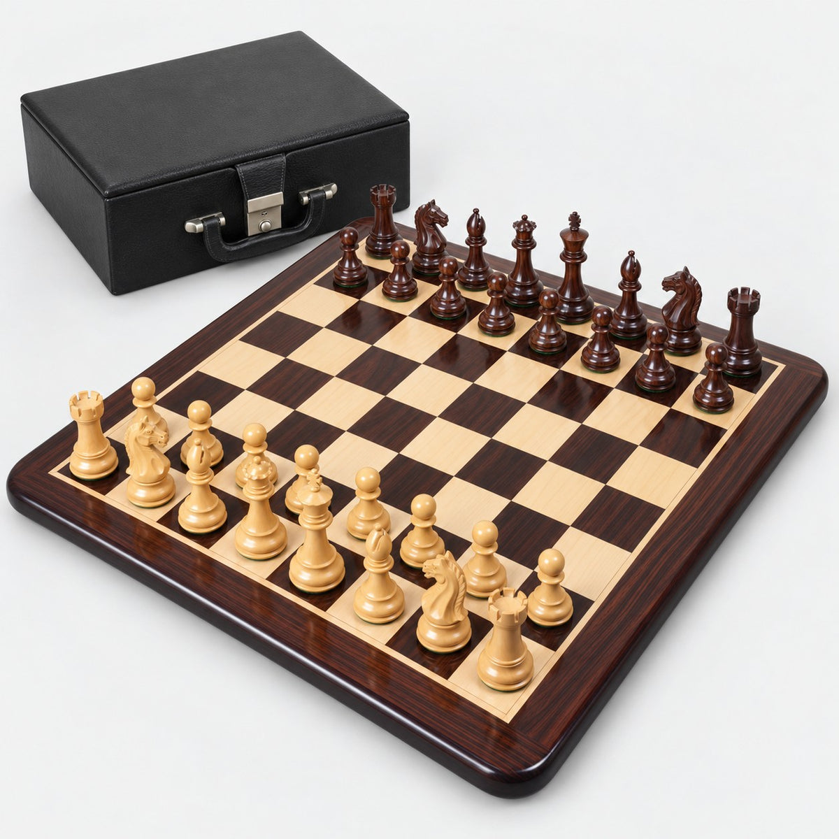 Fierce Knight 4-Inch Staunton Chess Set with Rosewood Pieces, Chessboard and Storage Box - complete set