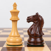 Fierce Knight 4-Inch Staunton Chess Set with Rosewood Pieces, Chessboard and Storage Box - king and knight close-up