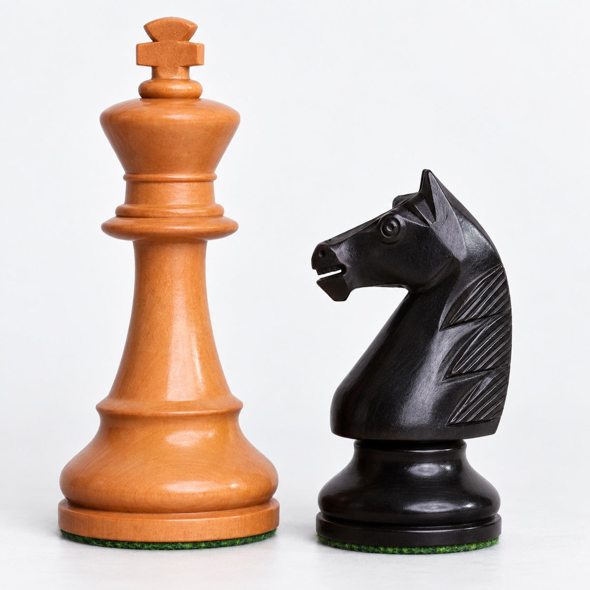 French Grandmaster Staunton Chess Pieces - Antiqued Boxwood, 4.1-Inch King - Pieces Only - king and knight close-up