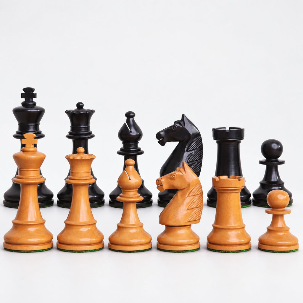 French Grandmaster Staunton Chess Pieces - Antiqued Boxwood, 4.1-Inch King - Pieces Only - pieces lineup