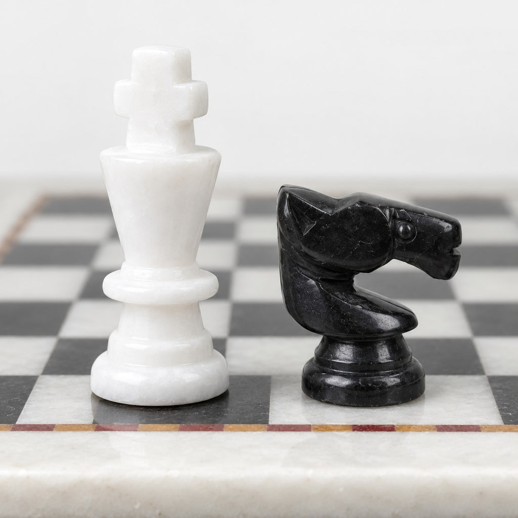 Handcrafted Black & White Marble Chess Set - 12" Board with Hand-Carved Pieces, Elegant Gift for Chess Lovers - king and knight close-up
