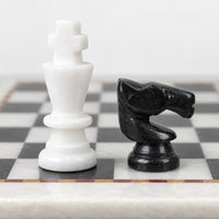 Handcrafted Black & White Marble Chess Set - 12" Board with Hand-Carved Pieces, Elegant Gift for Chess Lovers - king and knight close-up