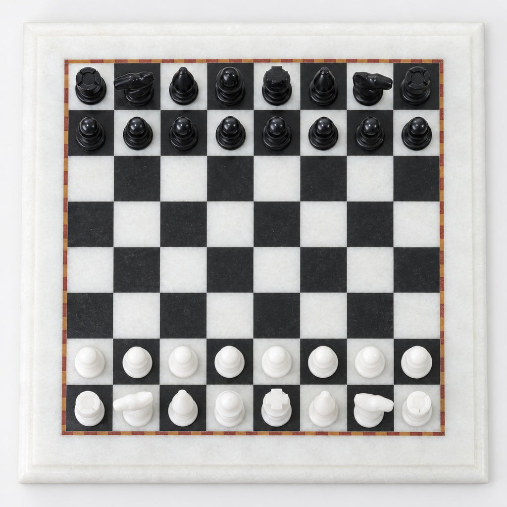 Handcrafted Black & White Marble Chess Set - 12" Board with Hand-Carved Pieces, Elegant Gift for Chess Lovers - chessboard top view