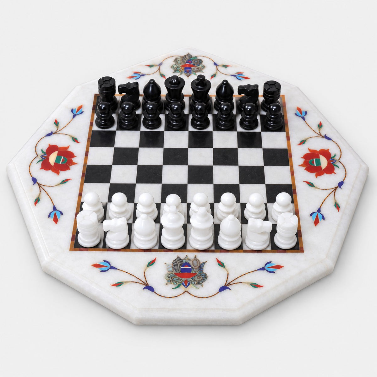 Handcrafted Marble Stone Chess Set with Inlaid Board & Pieces - 12-Inch Board - complete set