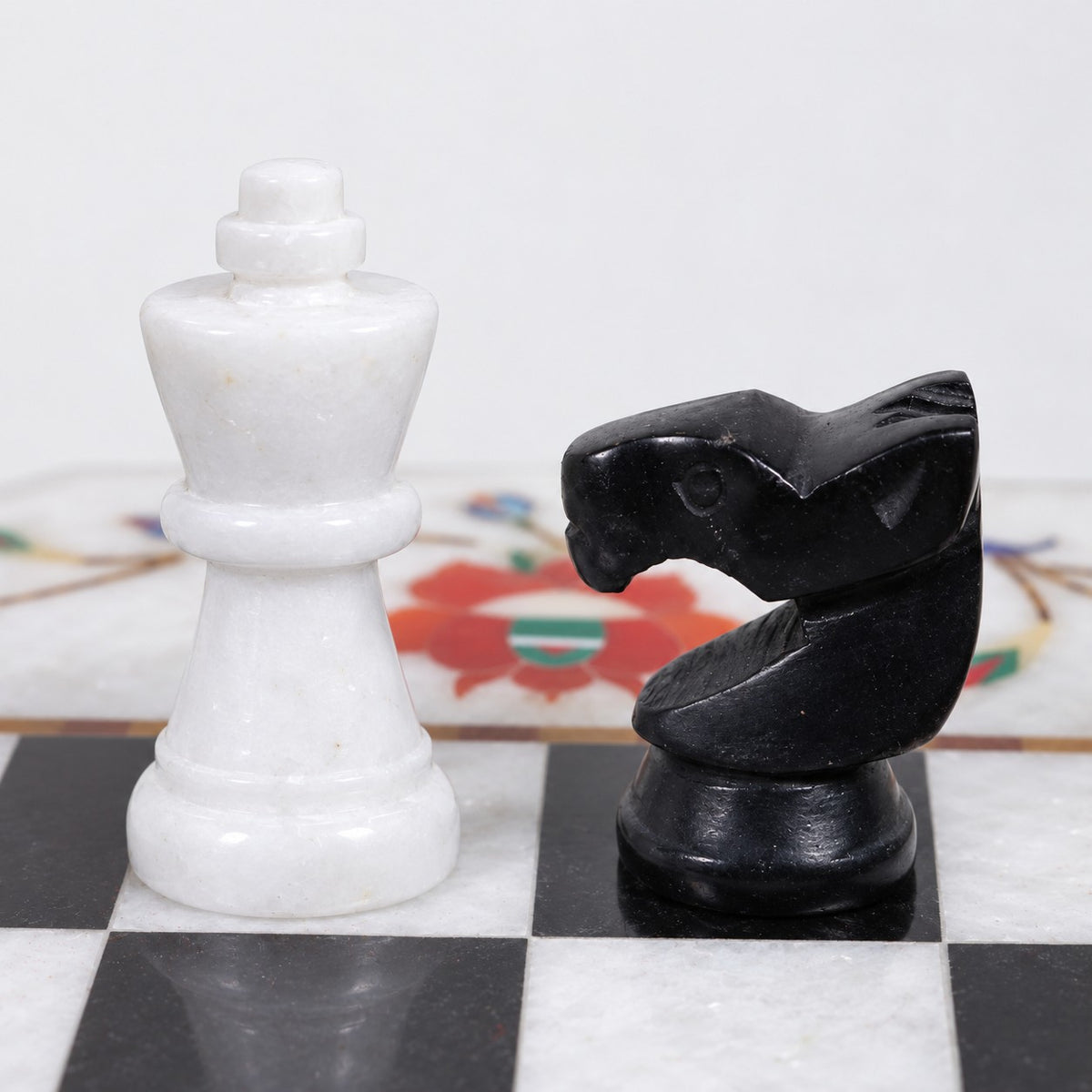 Handcrafted Marble Stone Chess Set with Inlaid Board & Pieces - 12-Inch Board - king and knight close-up