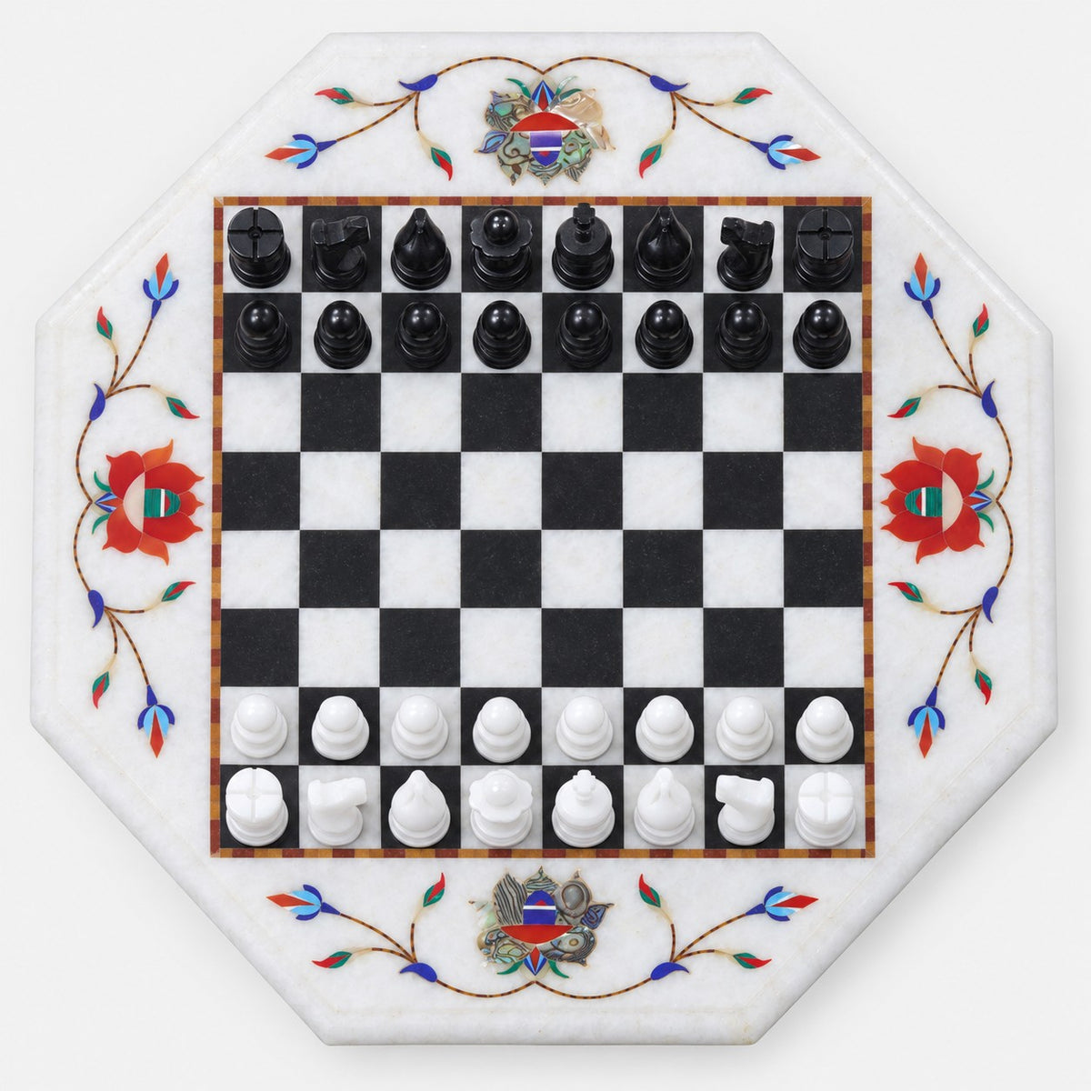 Handcrafted Marble Stone Chess Set with Inlaid Board & Pieces - 12-Inch Board - chessboard top view
