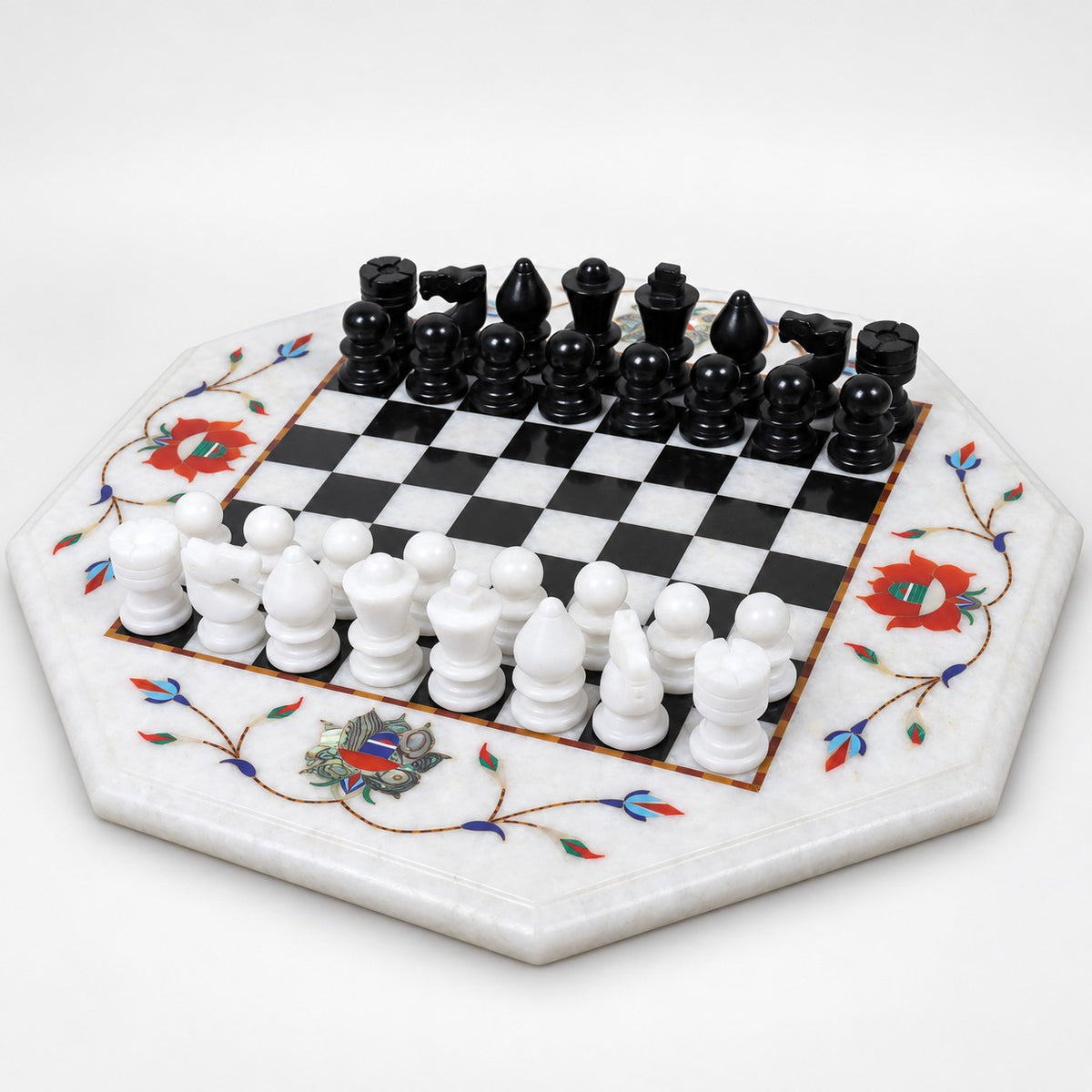 Handcrafted Marble Stone Chess Set with Inlaid Board & Pieces - 12-Inch Board - low angle view