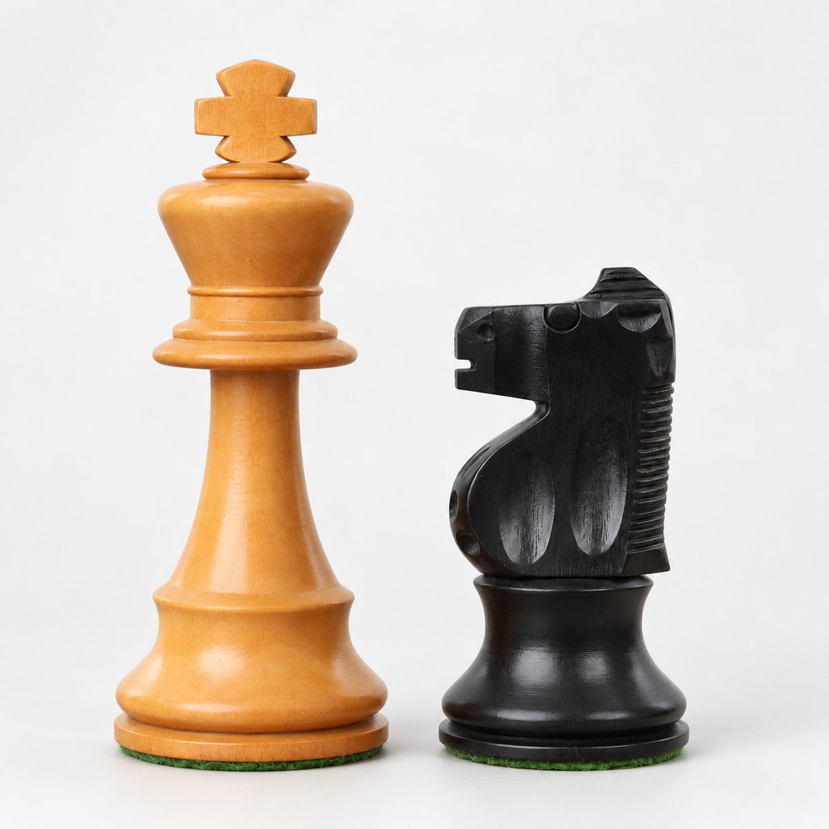 Improved French Lardy Chess Pieces - Antiqued Boxwood, 3.9-Inch King - Pieces Only - king and knight close-up