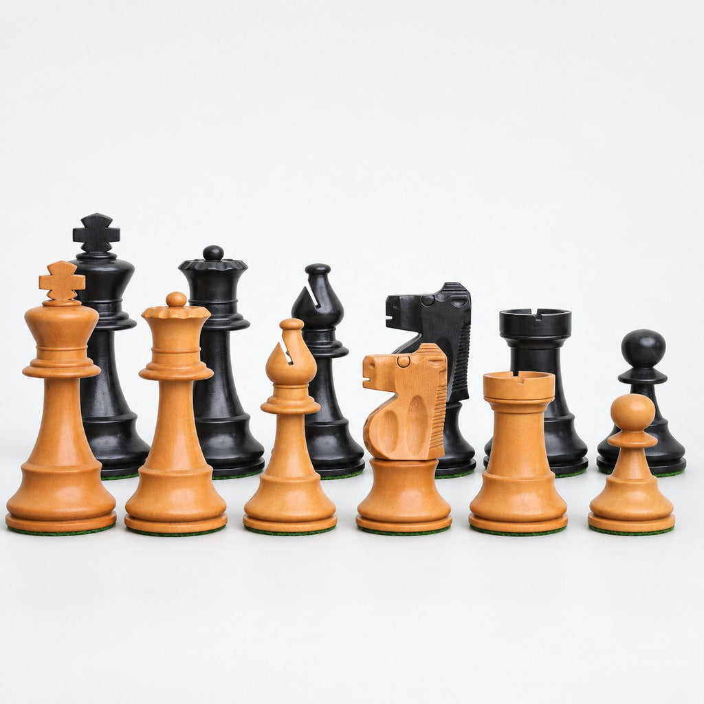 Improved French Lardy Chess Pieces - Antiqued Boxwood, 3.9-Inch King - Pieces Only - pieces lineup