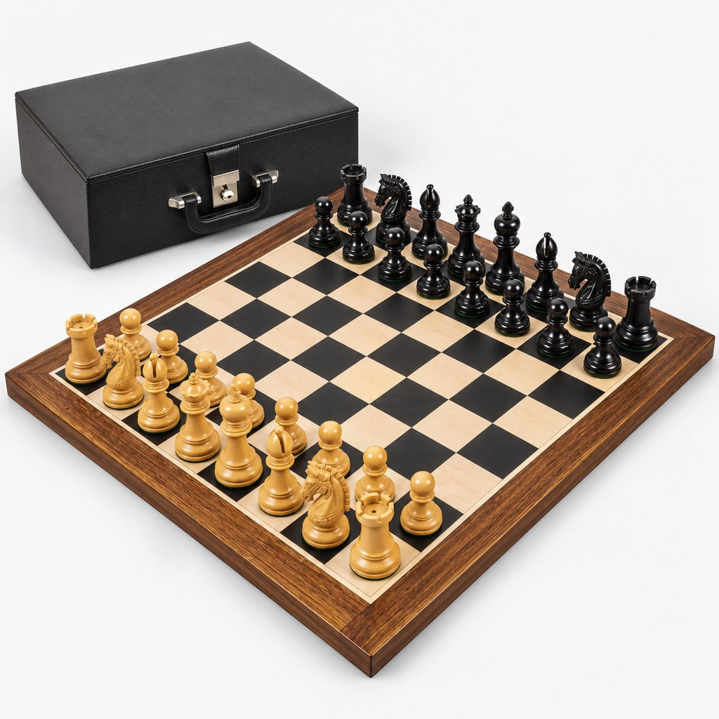 Luxury 4.1-Inch Stallion Staunton Ebony Wood Chess Set with 23-Inch Ebony & Maple Board and Storage Box - complete set