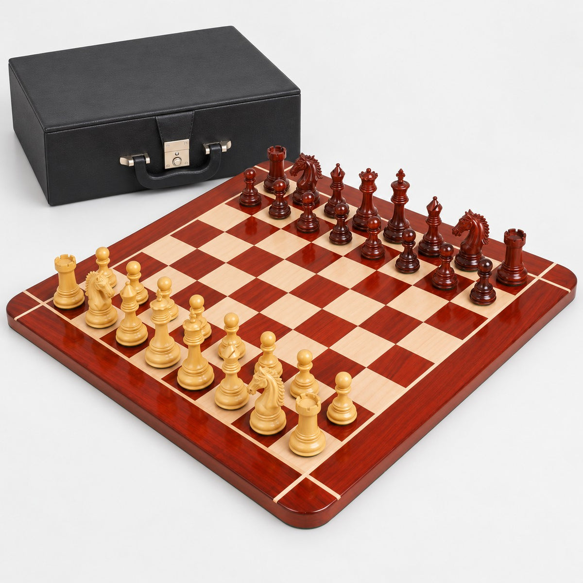 Luxury 4.3" Tilted Knight Staunton Chess Set - Bud Rosewood & Boxwood Pieces with 23" Bud Rosewood & Maple Chessboard and Storage Box - complete set